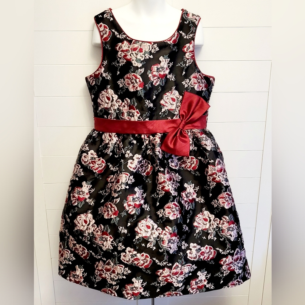 Badgley Mischka Girls Dress Size 14 Black Red Bow Embroidered Floral Jacquard